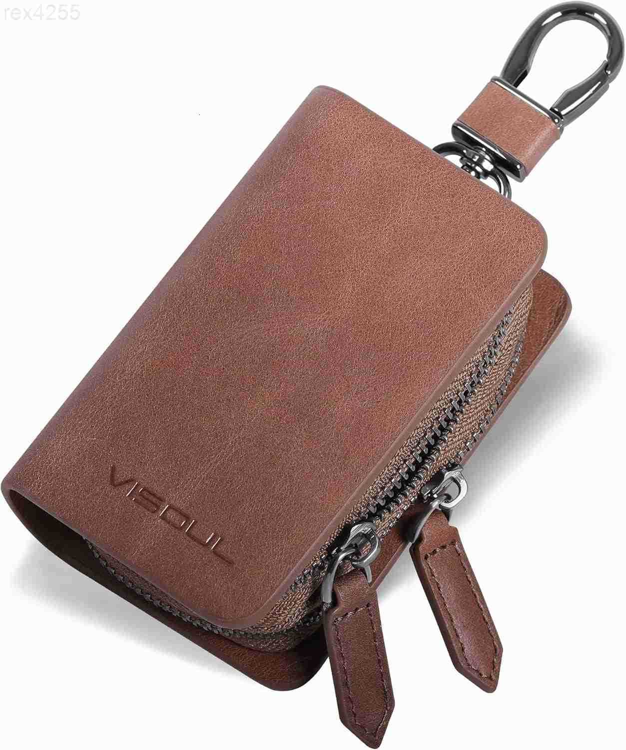 Car Key Case Holder Double Zipper Leather Car Smart Key Fob Case with Keychain for Men and WomenW250911
