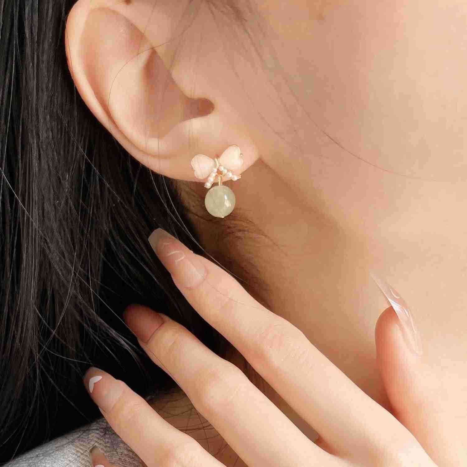 Natural Hetian Jade Bow Earrings Dainty Green Real Jade Charm Pendant Jewelry Studs Handmade Ear Stud Earrings Hoop Earrings for Women 925 Sterling Si