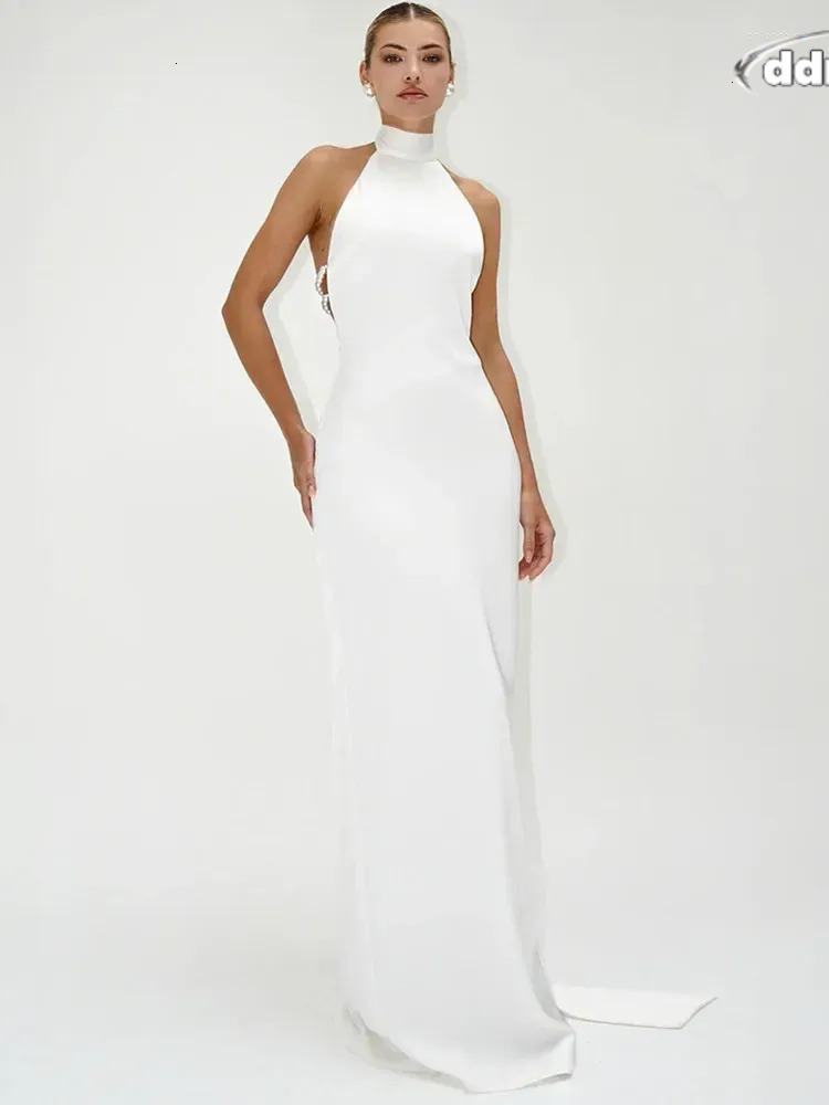 Casual Dresses Chic Women Celebrity Sexy Backless Halter Pearl Black White Maxi Long Bodycon Dress Elegant Evening Club Party Outfit TUES