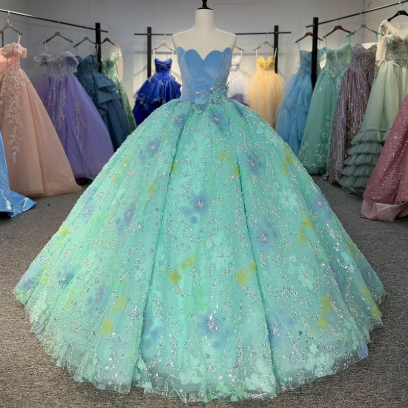 Green Shiny Ball Gown Quinceanera Dresses Off The Shoulder Sequin Applique Lace Beading Crystal Tull Party Birthday Sweet 16 Dress Vestidos 15 De Anos