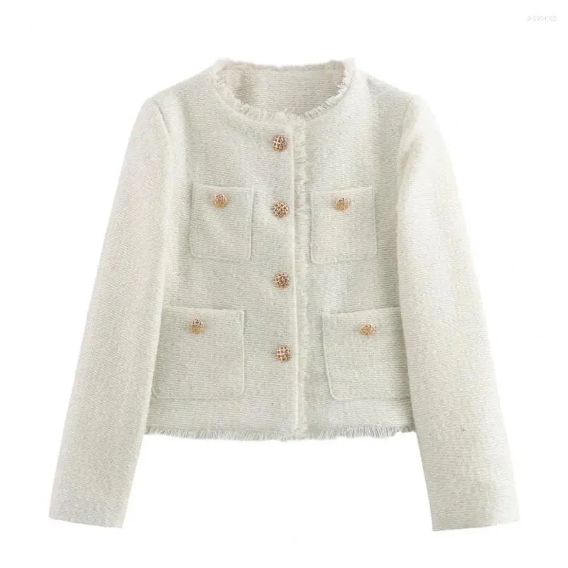 Women's Jackets Women Top With Gold Button Closure Tweed Elegent Slim Fit Stylish Pockets For Business Spring