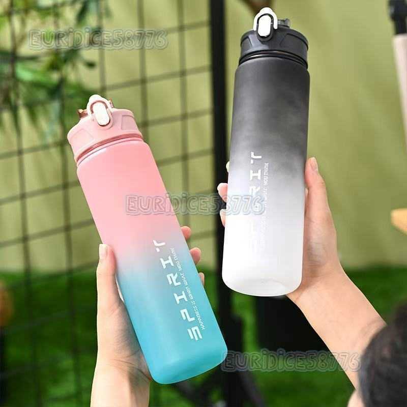 Gradient Color Matte Sports Water Bottle with Handle Strap Portable Fitness Water Bottle with Straw Space Cup Outdoor Sports H250911