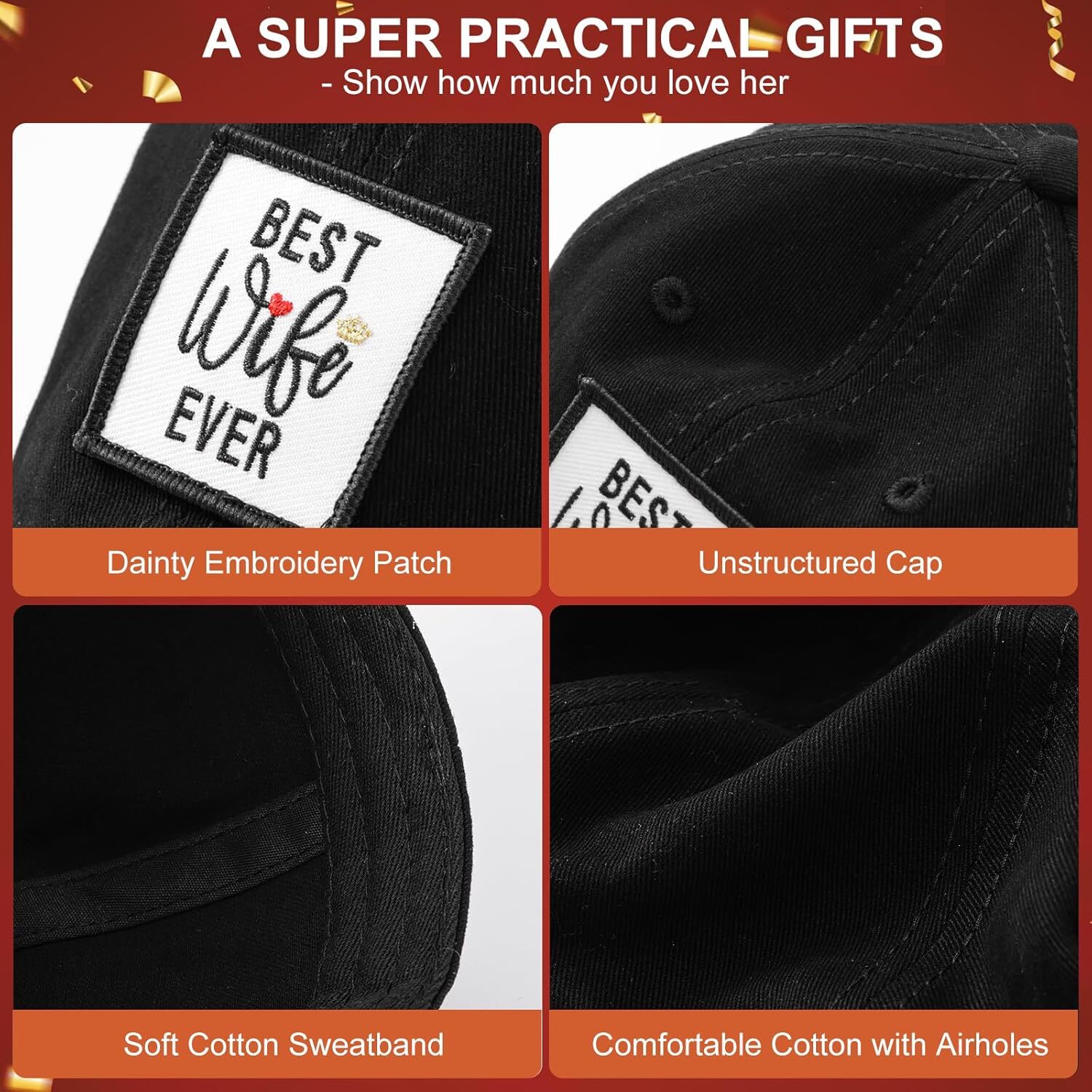 Mothers Day Presents Gifts for Her from Husband, Anniversary Birthday Wife Gifts, Adjustable Cotton Baseball Cap Black
