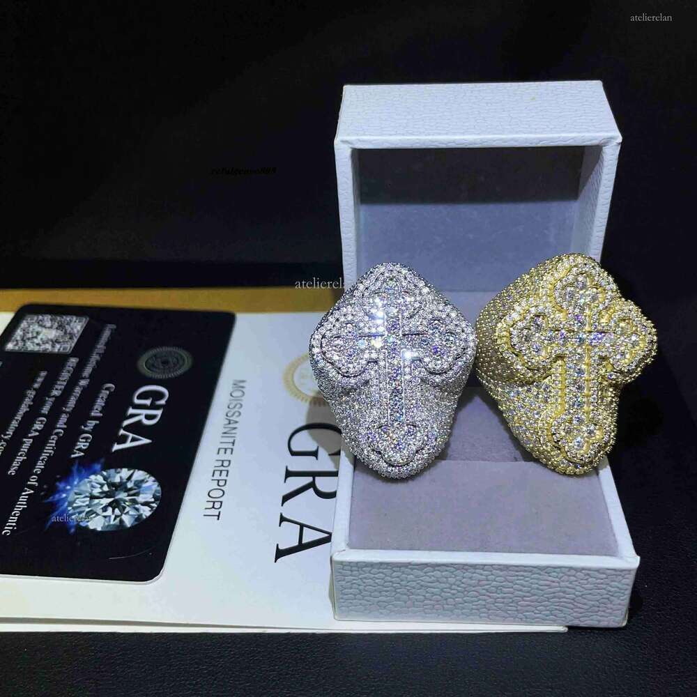 Fine Jewelry Sterling Sier Gold Plated Iced Out VVS Dia Cross Moissanite Hip Hop Ring for Men