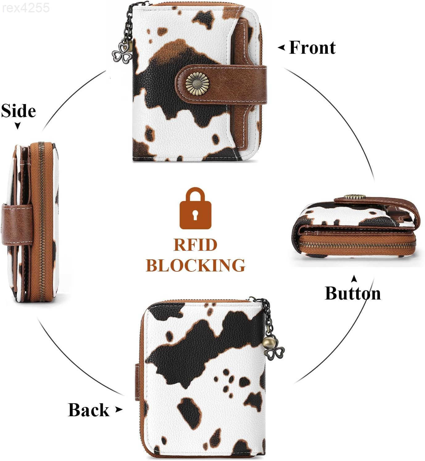 Wallet for Women Leather Small RFID Blocking Bifold Zipper Pocket Card Holder with ID Window Cow Print BrownW250911