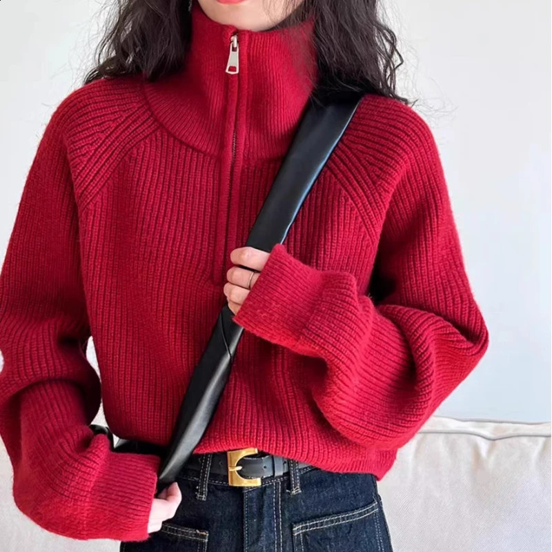 Fashion Turtleneck Zipper Knitted Pullover Sweater Women Long Sleeve Loose Casual Top Autumn Solid Color Tops 250911
