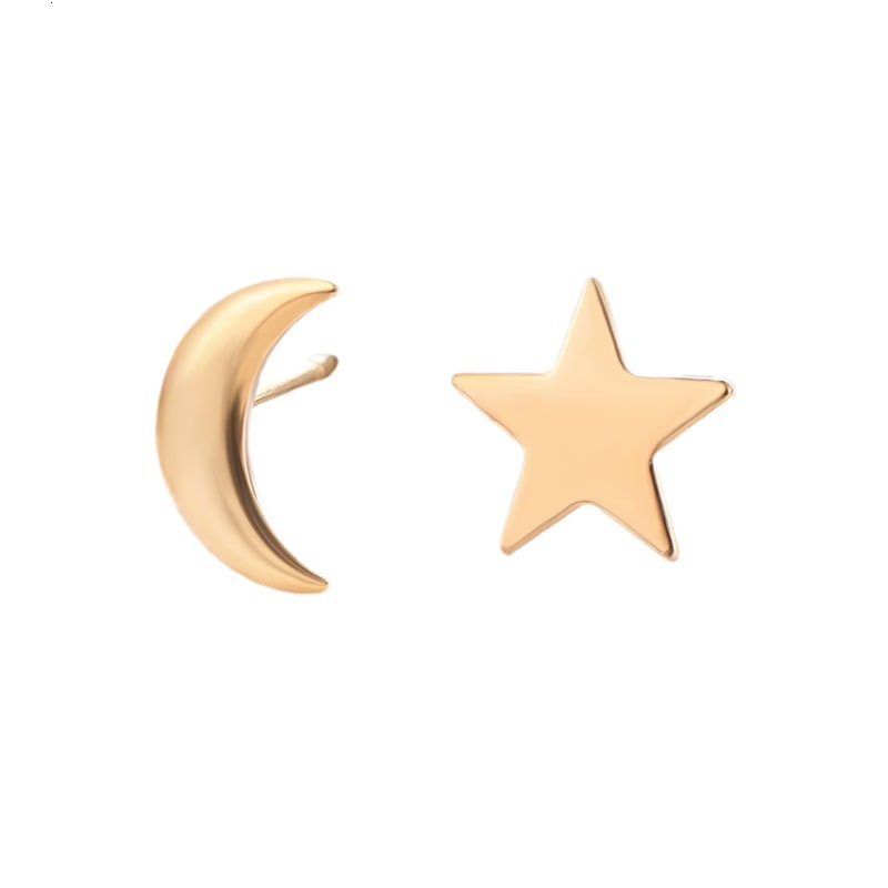 Ins Simple Star Moon Fashionable Personality Asymmetric Pentagram Crescent Small Earrings