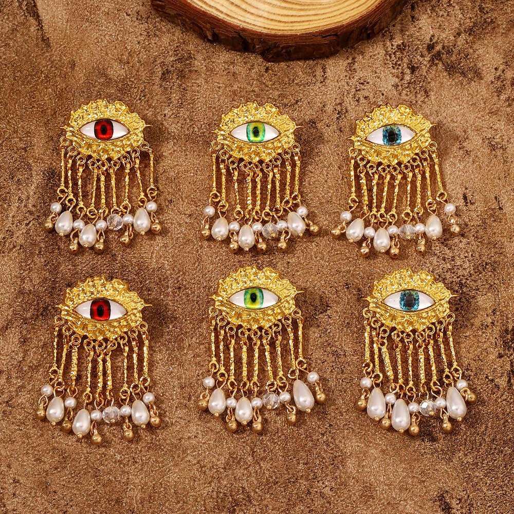 Vintage Style Creative Pendant Pearl Tassel Texture Eye Design Women's Elegant Earrings