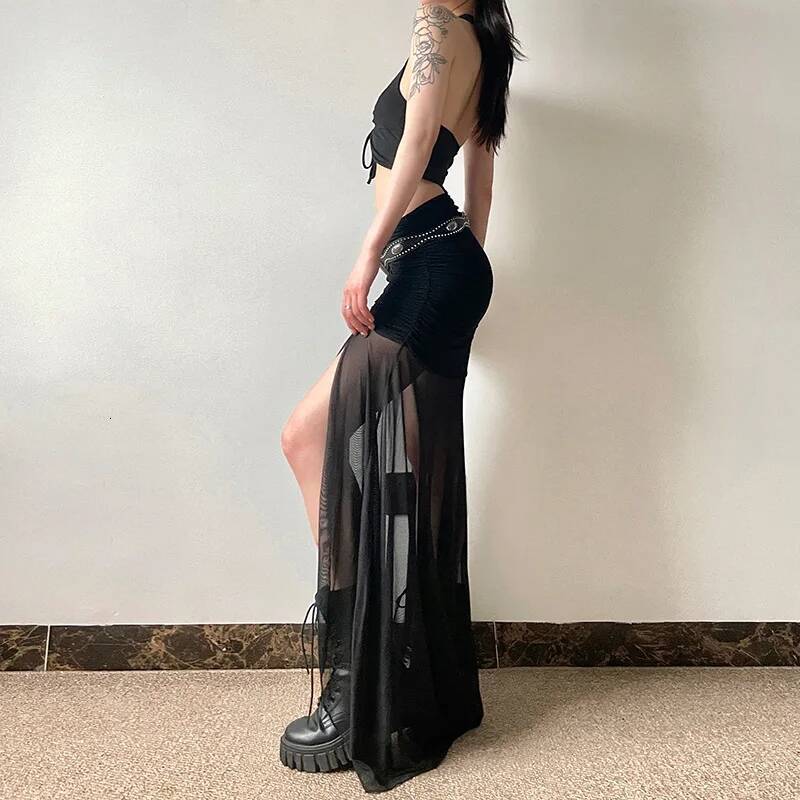 Dark Mall Goth High Waist Mesh Patchwrok Mid Skirts Sexy Hem Split Ruched Bodycon Skirt E-girl Y2K Streetwear Alt Bottoms dongdumaoyi