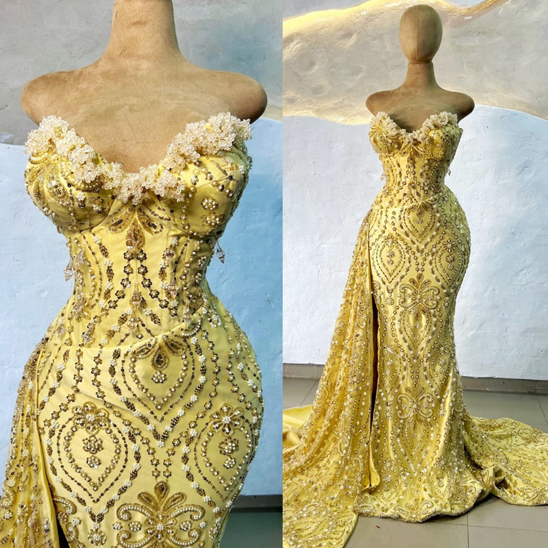 2025 Gold Aso Ebi Prom Dresses For Black Women Mermaid Evening Dresses Formal Gowns Sweetheart Beaded Lace Crystals Birthday Second Reception Gown AM2