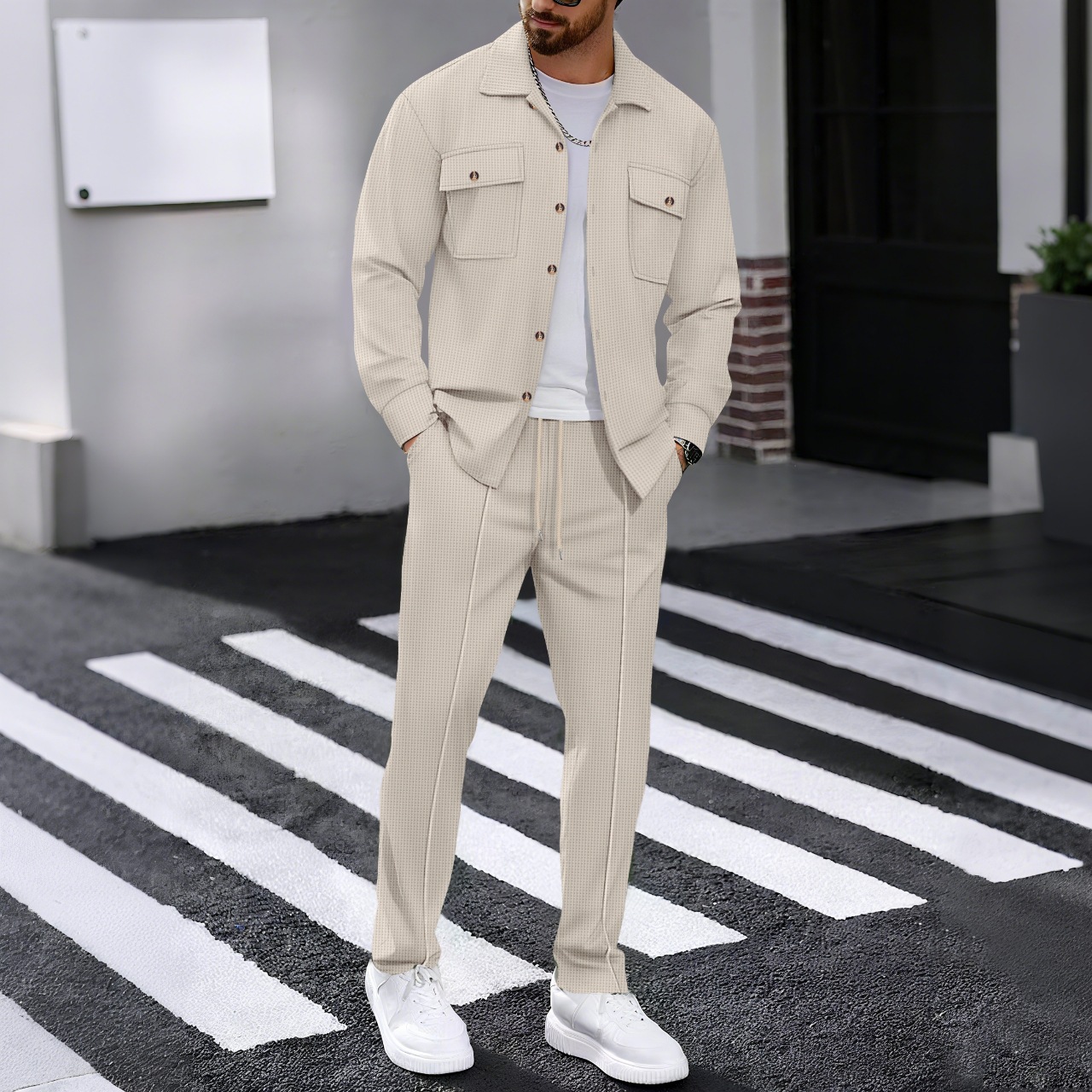 Summer Sexy men Sets Elegant Zipper Tops Sashes Button PockeTwo Piece Set