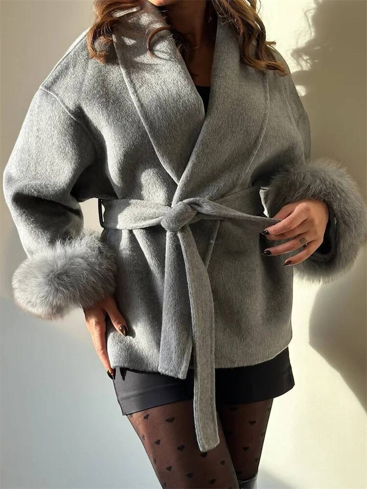 Tossy Fox Fur Overcoat Women's Short Office Lady Elegant Double-sided Woolen Coat 2025 New Cardigan Jackets Loose Wool