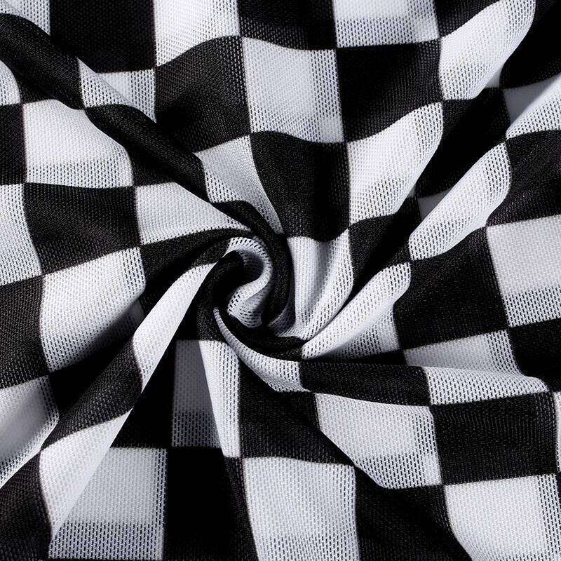 Sexy Black White Plaid Checkerboard T-Shirts For Women Hollow Out Slim Top Female T-Shirt Long Sleeve Tee Shirts