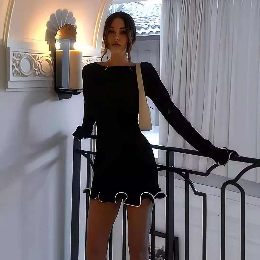 Women's Autumn Winter New Elegant Solid Color Round Neck Lace Trim Short Long Sleeve Knitted Dress