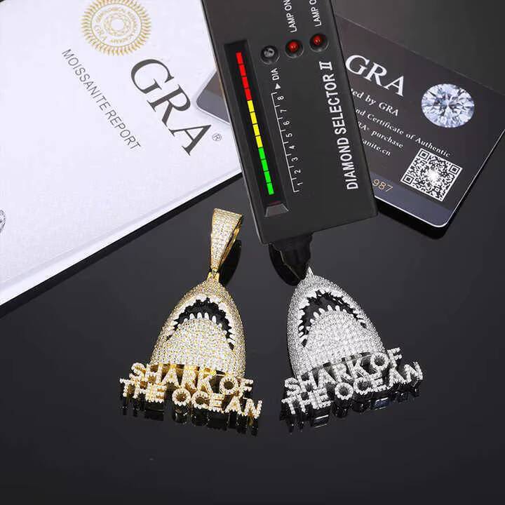 Custom Hip Hop Moissanite Shark Animal Pendant Iced Out 925 Silver Fashion Charm with VVS Stones and Enamel Color Finish