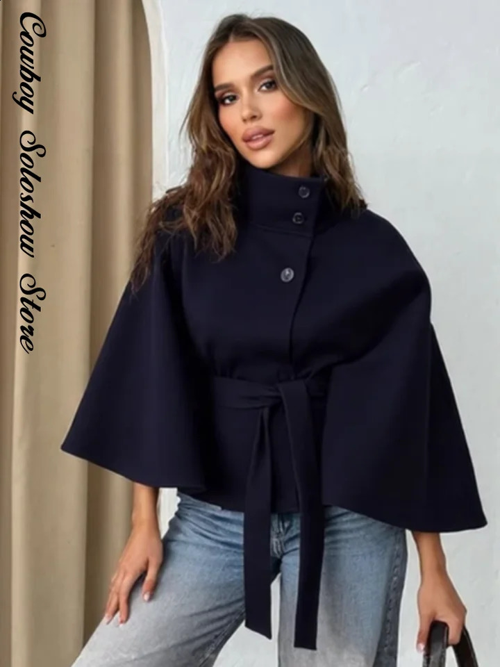 Autumn Lace Up Woolen Jacket Women Solid Stand Collar Single Breasted Long Batwing Sleeve Cape Coat Lady Loose Chic Outwear 250911