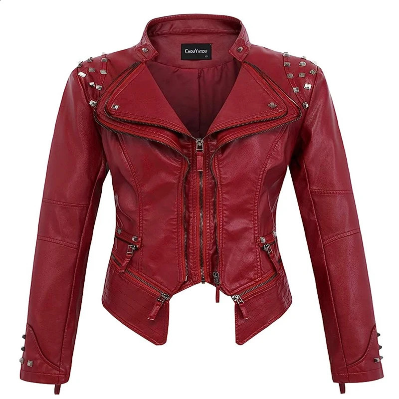 Spring Style Suit Collar Rivet Waist Short Washed Pu Leather Jacket 250911