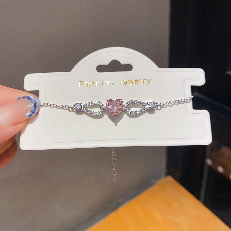 Silver - Toned Bracelet With Pink Heart - Shaped Crystal, Sparkly Pave Accents Delicate Daily & Romantic Jewelry Gift For Her High Quality And Elegant