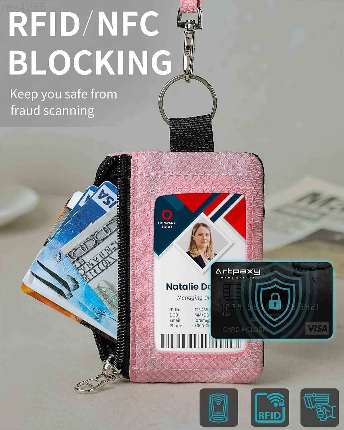 Minimalist Wallet For Mens Womens Keychain RFID Blocking Zipper Small Wallet with ID Window 2 LanyardsWater Resistant Travel Cash Card Coin Case Boys 