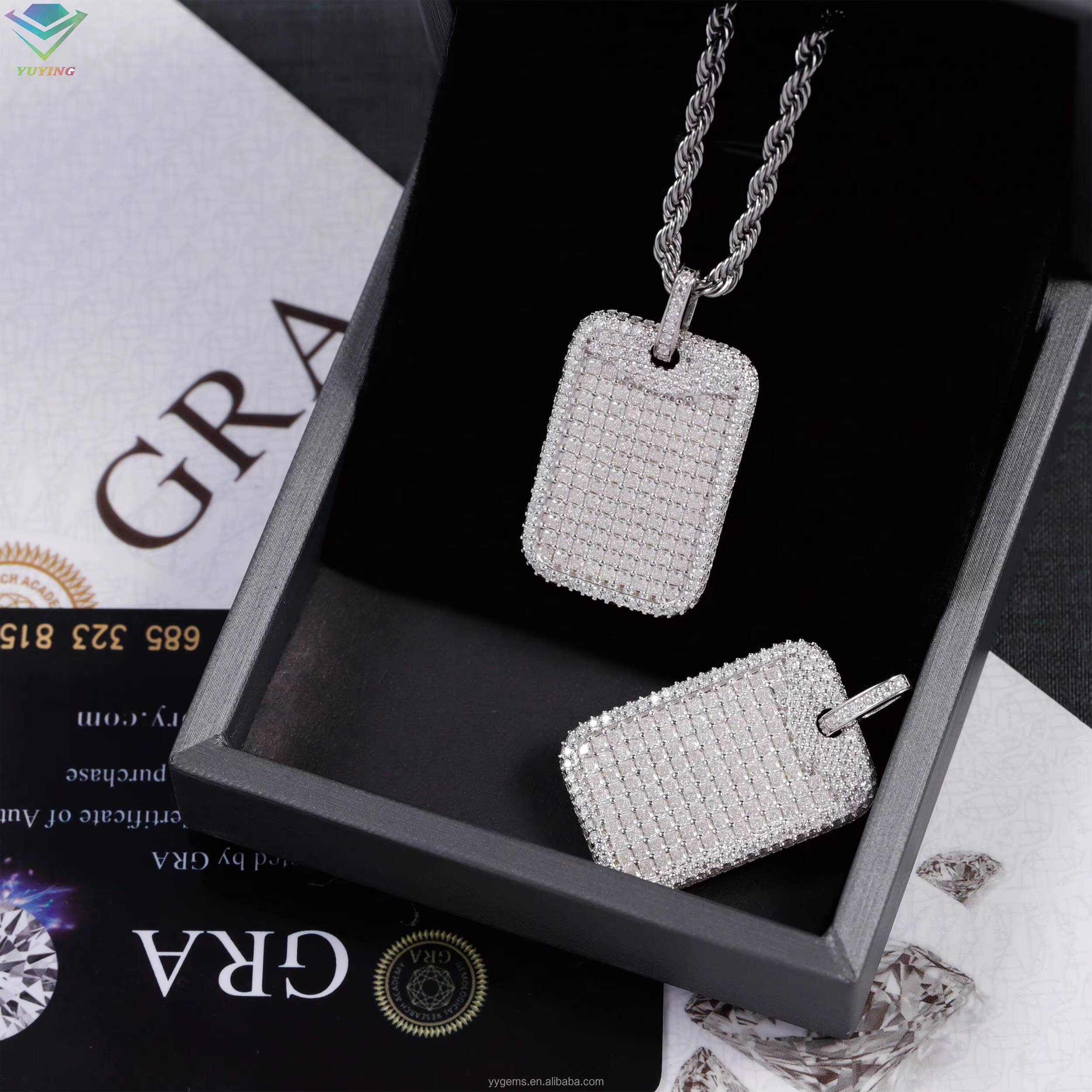 Hot Sale Tag Pendant Rope Chain White Gold Plated 925 Silver Iced Out VVS Moissanite Diamonds Hip Hop Pendant Dog Tag Necklace