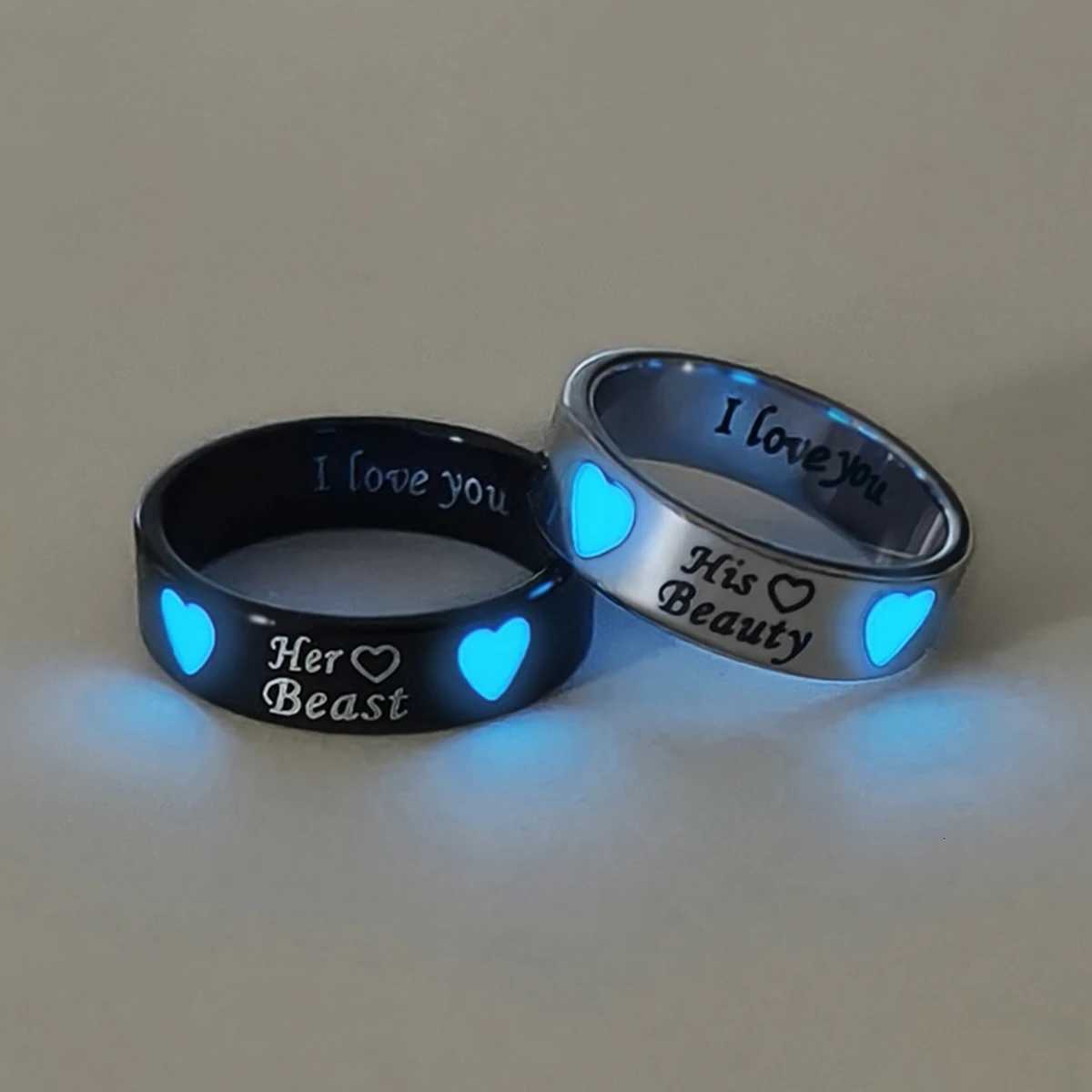 2 piecessets of luminous heart simple Heart his beauty her beast couple Rings Ladies fashionable love Promise rings W250911