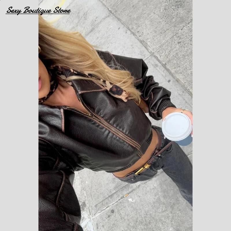 Vintage Women Leather Jacket For Slim Waist Lapel Long Sleeve Coat Zipper Y2k Short Streetwears Lady Outwears 250911