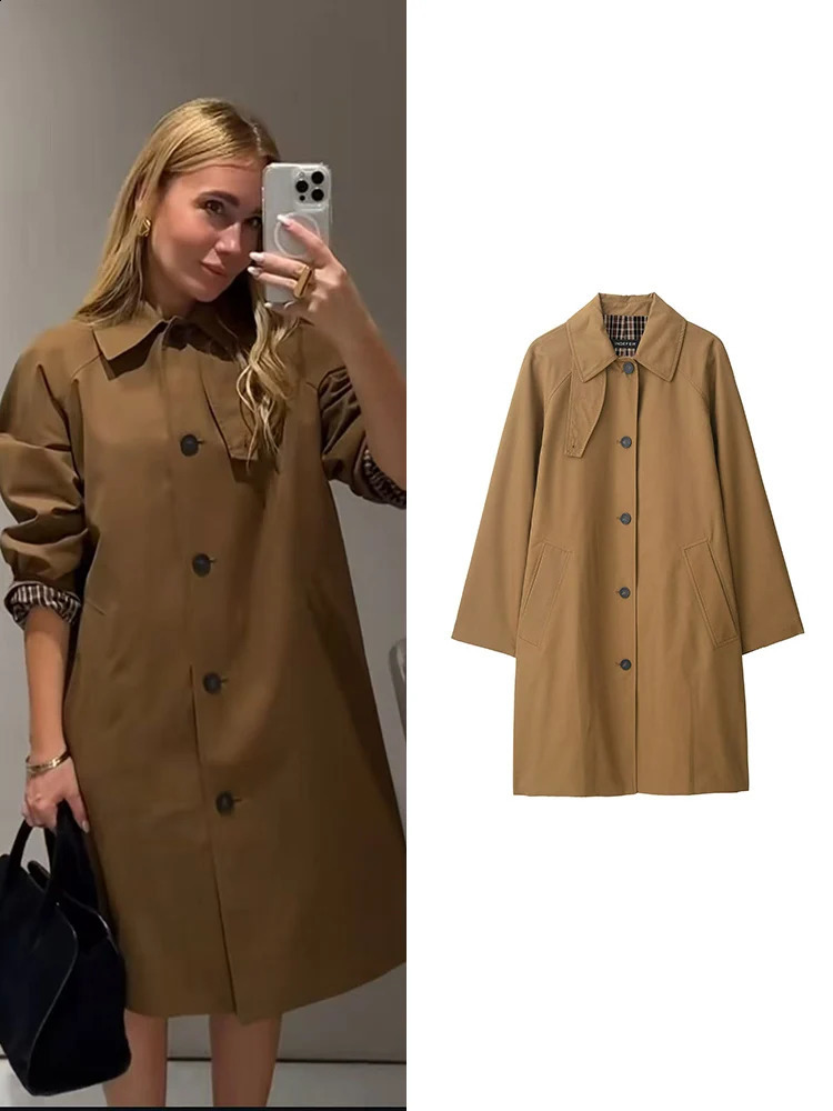 Women Midlength Trench Coat Solid SingleBreasted Stand Collar Classic Windbreaker Female Casual Chic Outerwear 250911