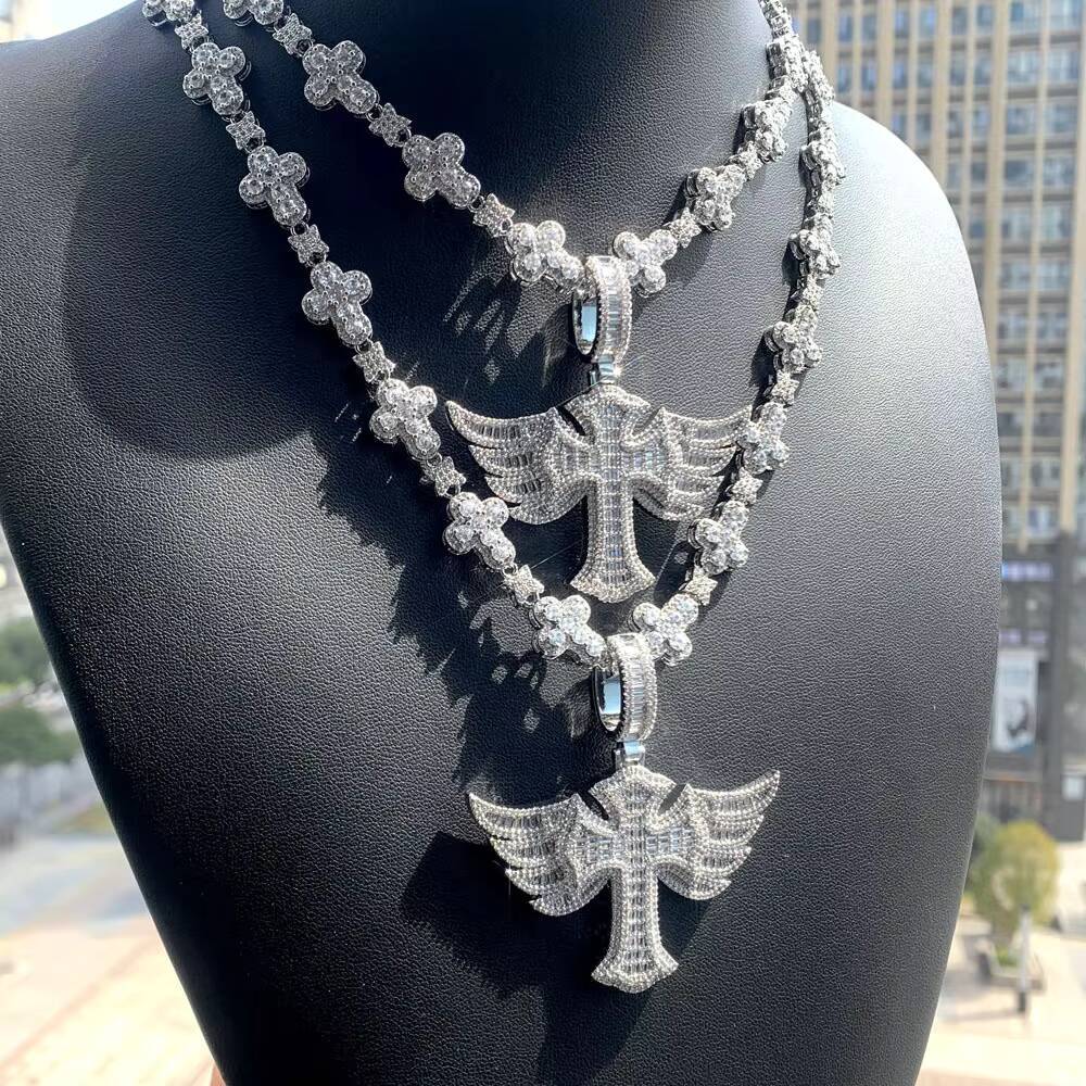Hip Hop Lced Out CZ Zircon Cross Pendant Necklace Shiny Cross Tennis Link Chains Necklace for Men Jewelry