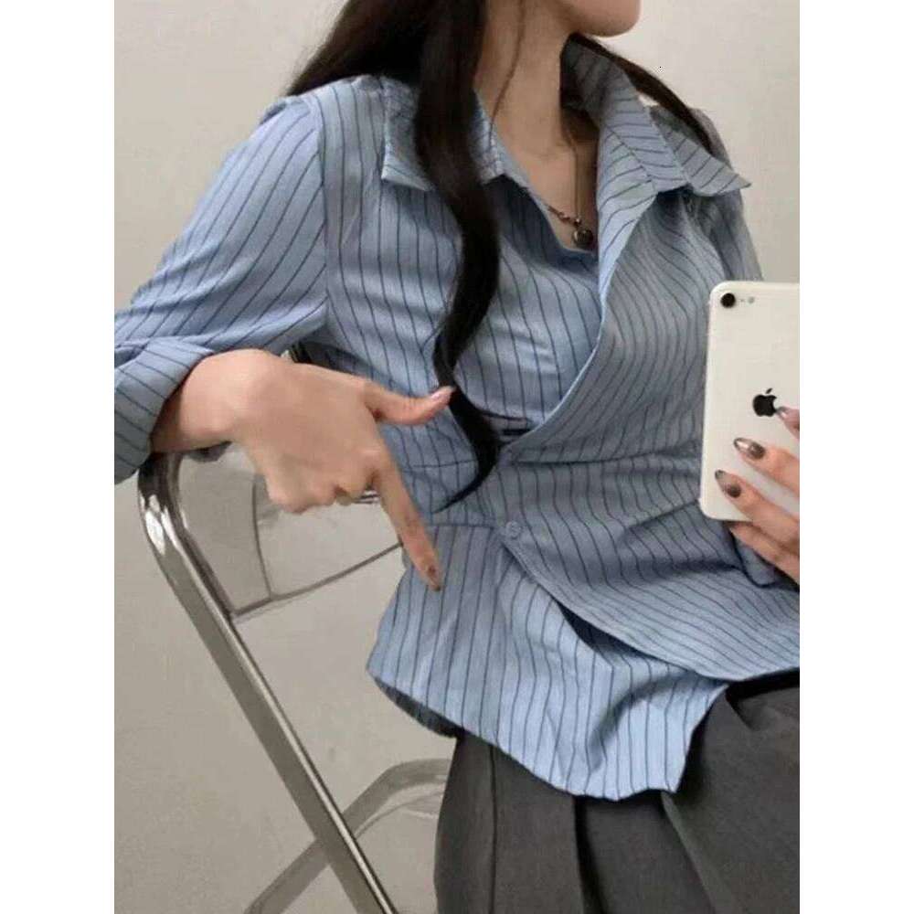 Jmprs Fashion Slim Striped Shirt Women Elegant Korean Long Sleeve Blouse Casual Irregular Female Spring Sweet Chic All Match Top
