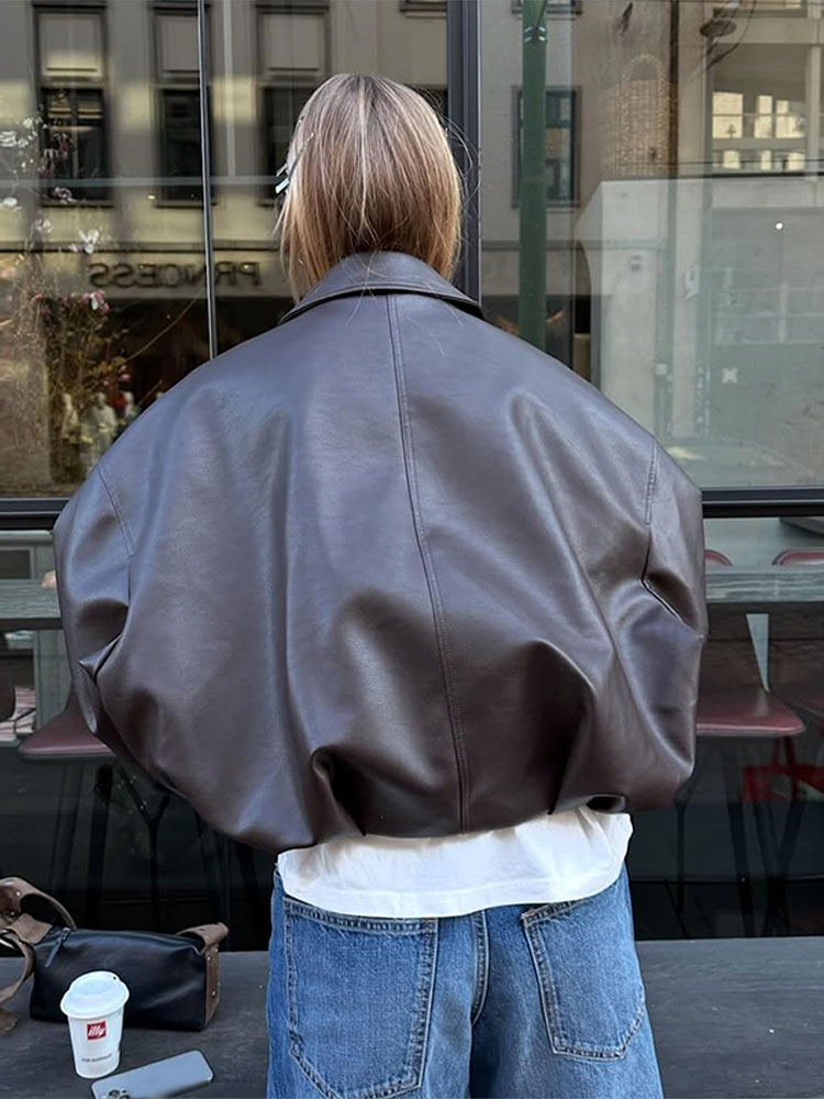 Vintage Women's Zipper Leather Jackets Belt Loose Lapel Long Sleeve Pockets Solid Coats Female 2025 Autumn Moto Biker Outwear