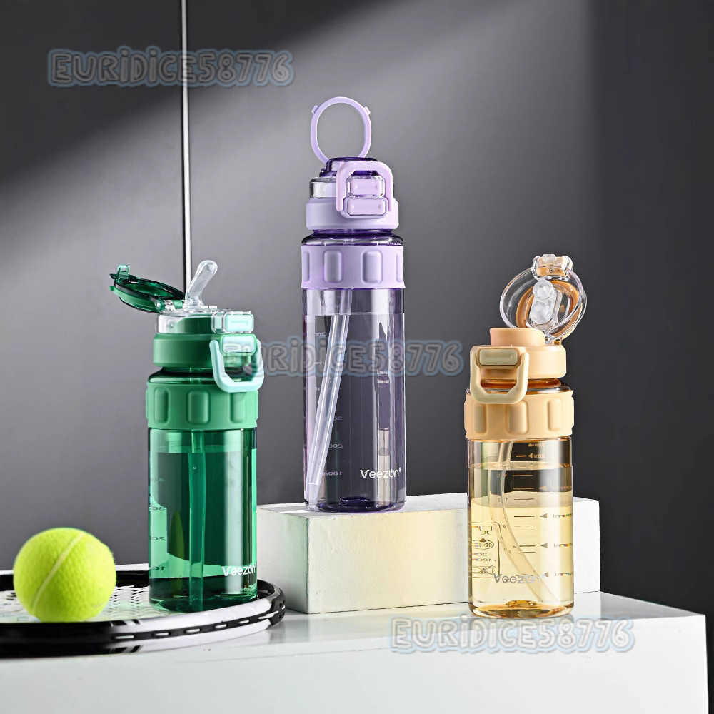 800ml Double Drinking High Appearance Summer Outdoor Sports Portable Plastic Water Bottle with Antislip Ring and Straw Student Cup H250911