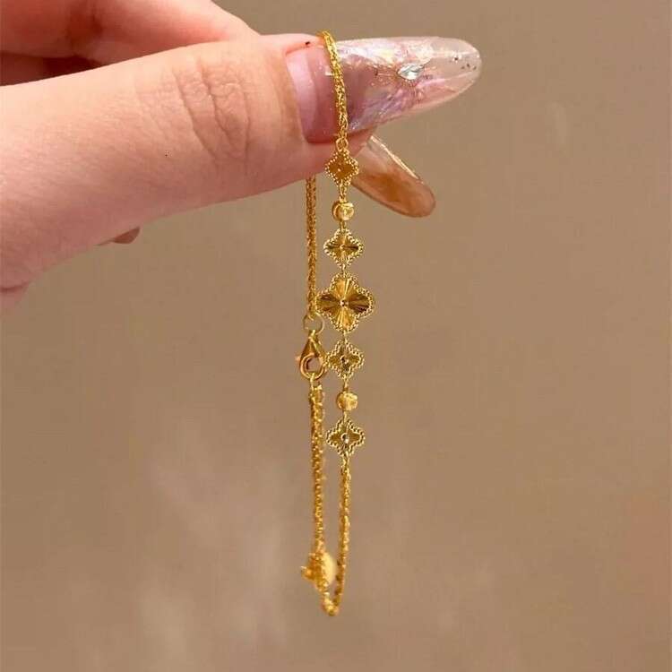Traditional Gold Laser Four-Leaf Clover Bracelet for Women, Ins Style, Light , Exquisite, High-End Feel, Niche Design, Hand Jewelry