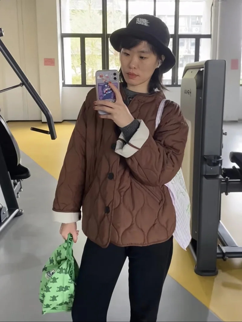 ETJ TRAF womens Autumnwinter Maillard brown light quilted diamond jacket loose version of the round neck coat 250911