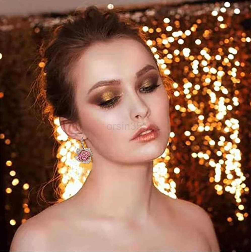 Flower Dangle Stud Earrings for Women Girls with Charms Fashion Luxury Pave Rhinestone Filigree Camellia Rose Dainty Crystal Drop Dangling Wedding Pro