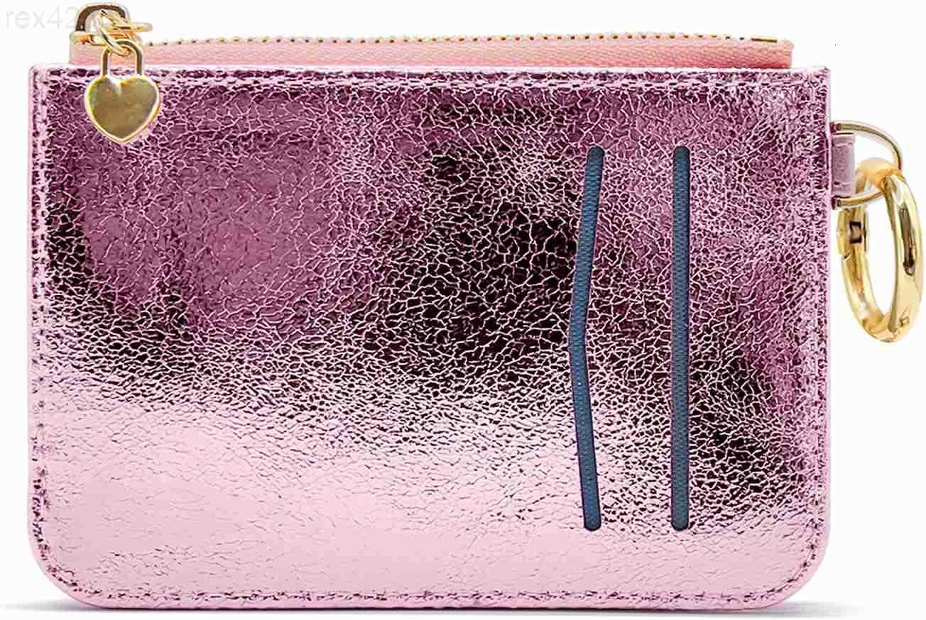 Key Chain Wallet Women Credit Card Holder for Women with Metal Key Chain Ring for Car KeysLadies Mini Purse with ID Window and Zipper Pocket Rose Pink