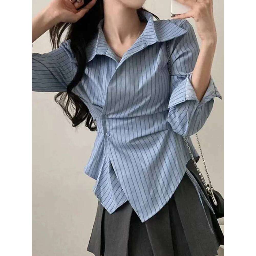 Jmprs Fashion Slim Striped Shirt Women Elegant Korean Long Sleeve Blouse Casual Irregular Female Spring Sweet Chic All Match Top
