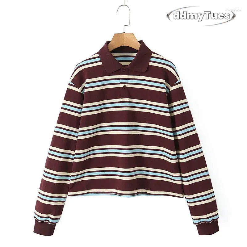 Women's T Shirts Fashion Stripe T-shirt Casual Long Sleeve Female All Match Polo Shirt 2025 Spring Ladies Loose Tops High Street TUES