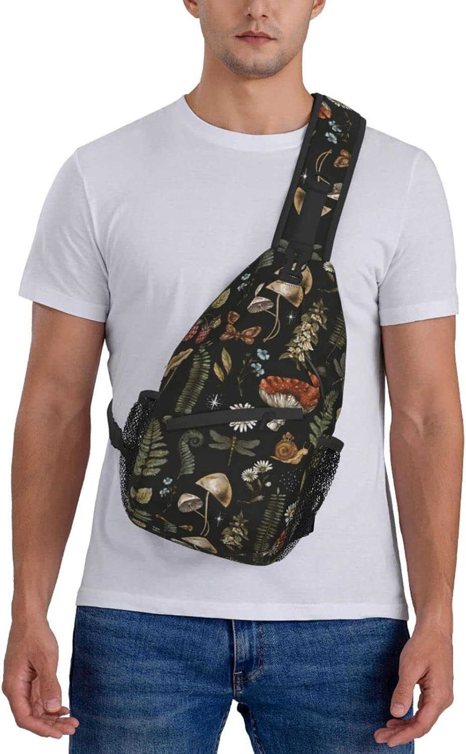 Sling Bag Vintage Mushroom Leaf Forest Hiking Daypack Crossbody Shoulder Backpack Travel Chest Pack for Men Women Over 12 Years OldW250911
