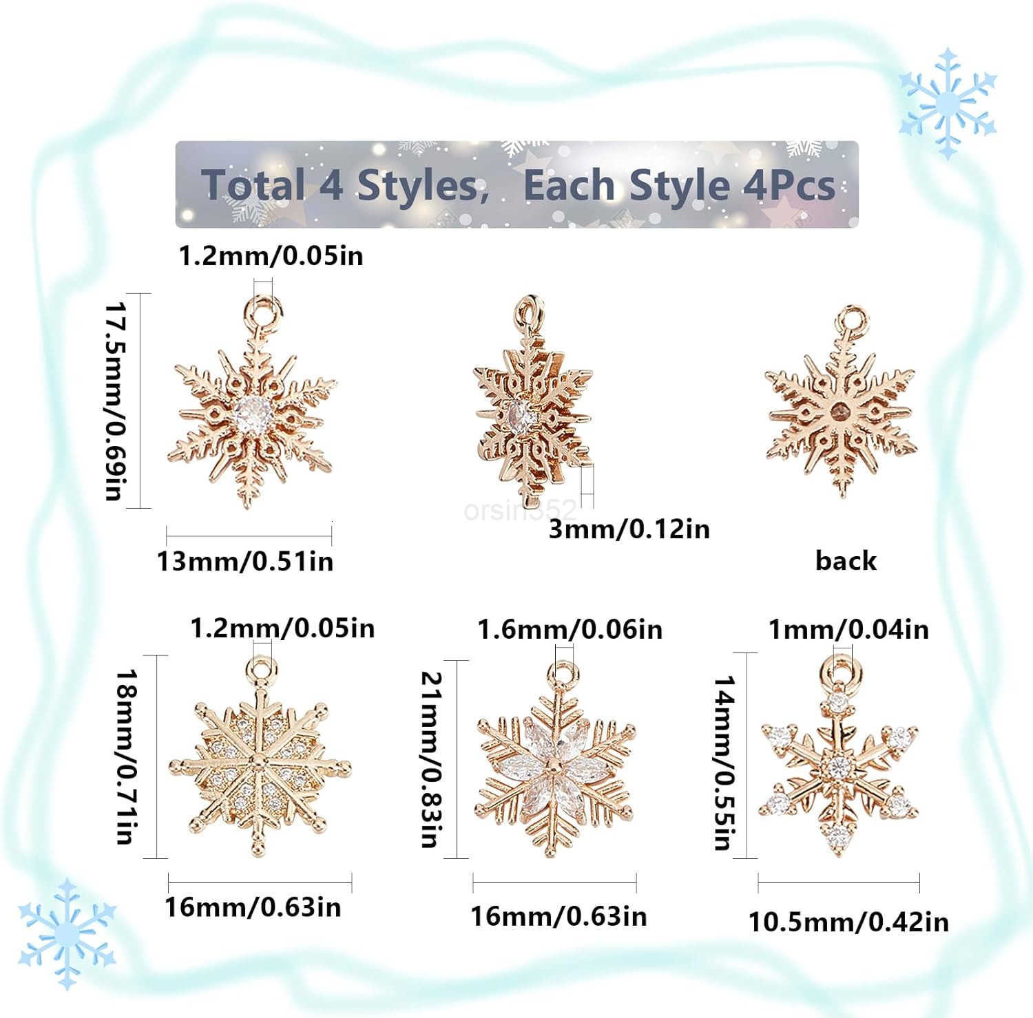 1 Box 16Pcs 4 Style Snowflake Charm Christmas Charms Snowflakes Charms Xmas Snow Cubic Zirconia Charm for Jewelry Making Charms DIY Necklace EarrW2509