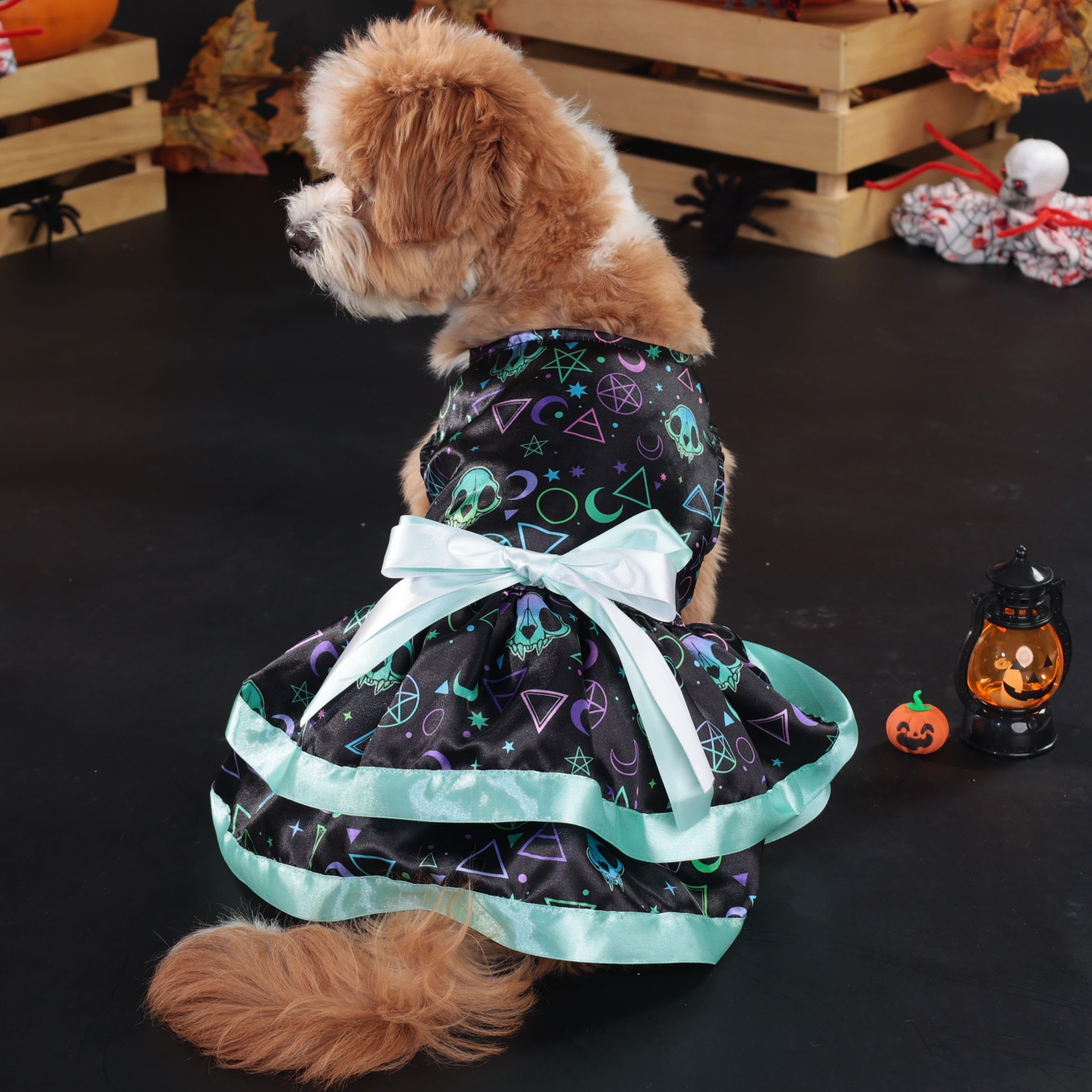 Halloween Dog Dress with Pumpkin & Skull Prints, Mesh Skirt & Big Bowknot, Festive Party Costume, for Dogs 2-14kg, Perfect for Halloween Parties, Them