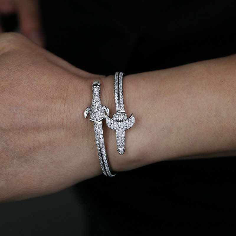Fashion New Double Sword Cross Bracelet with Zircon for Men Hip Hop Jewelry
