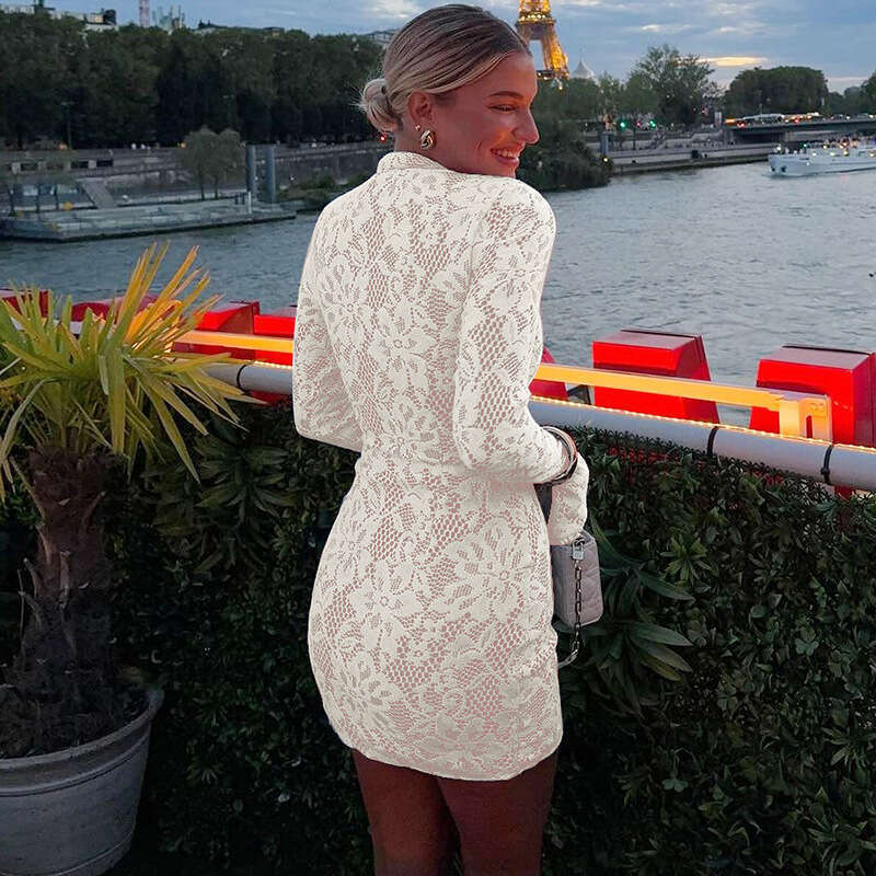 2025 Winter Women's New Fashion Sexy Lace Hollow Out Bodycon Fld Sleeve Dress
