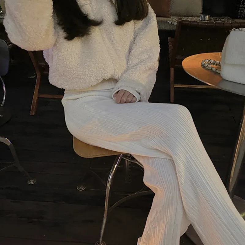 Knitted Highwaisted Mopping Wideleg Pants Womens Winter Thin Drape Vertical Pleats Straight Trousers 250911