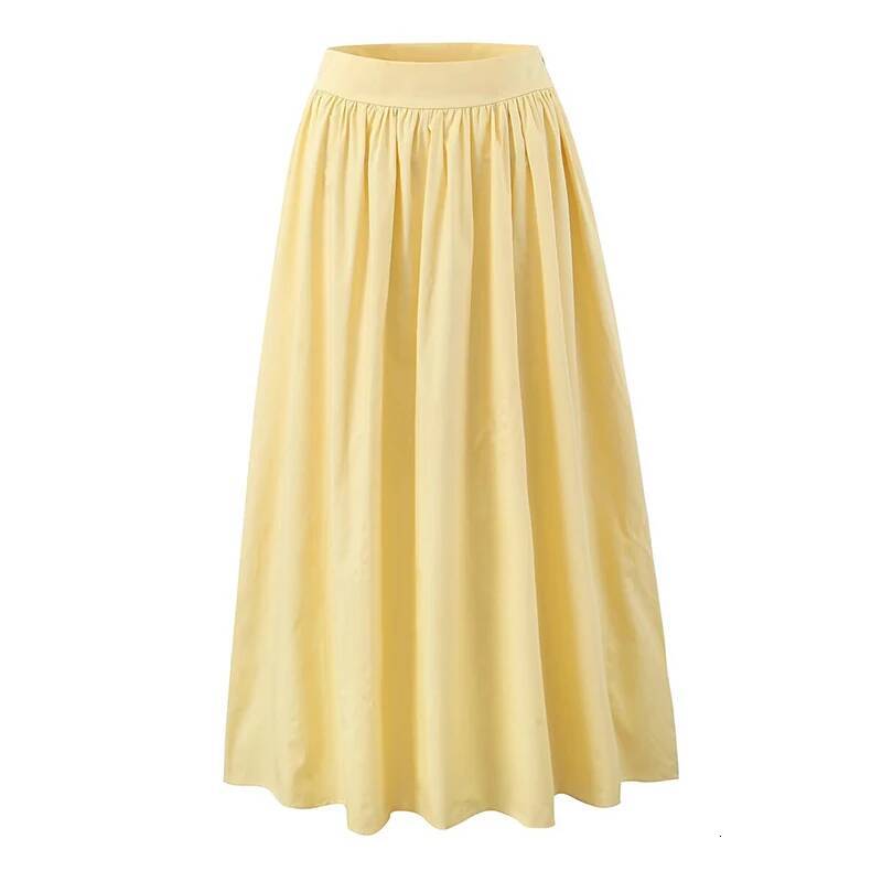 YENKYE 2025 Women Yellow White Cotton Big Swing Long Skirt Vintage High Waist Side Zipper A-line Summer Skirts Holiday dongdumaoyi