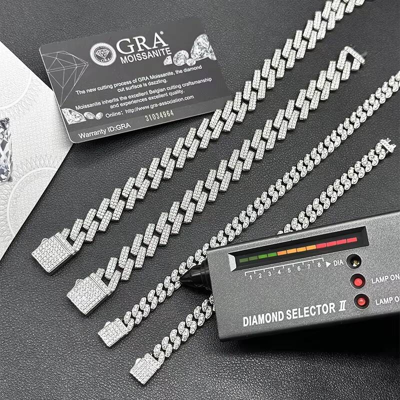 Hip Hop 925 Silver Cuban Link Chain 8MM14MM Iced Out VVS Moissanite Necklace and Bracelet