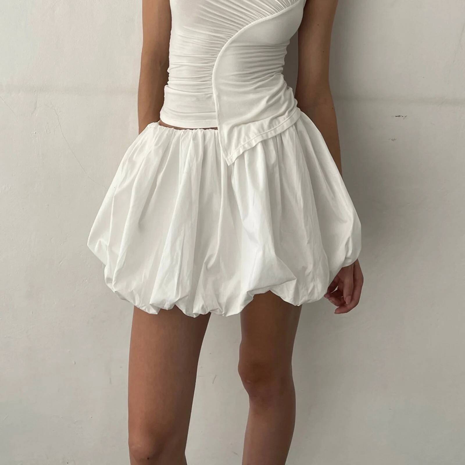 Women Lantern Mini Summer Casual Loose Fitting Elastic Waist Solid Color Short Pufll Skirt Sweet Style Skirts Girls dongdumaoyi