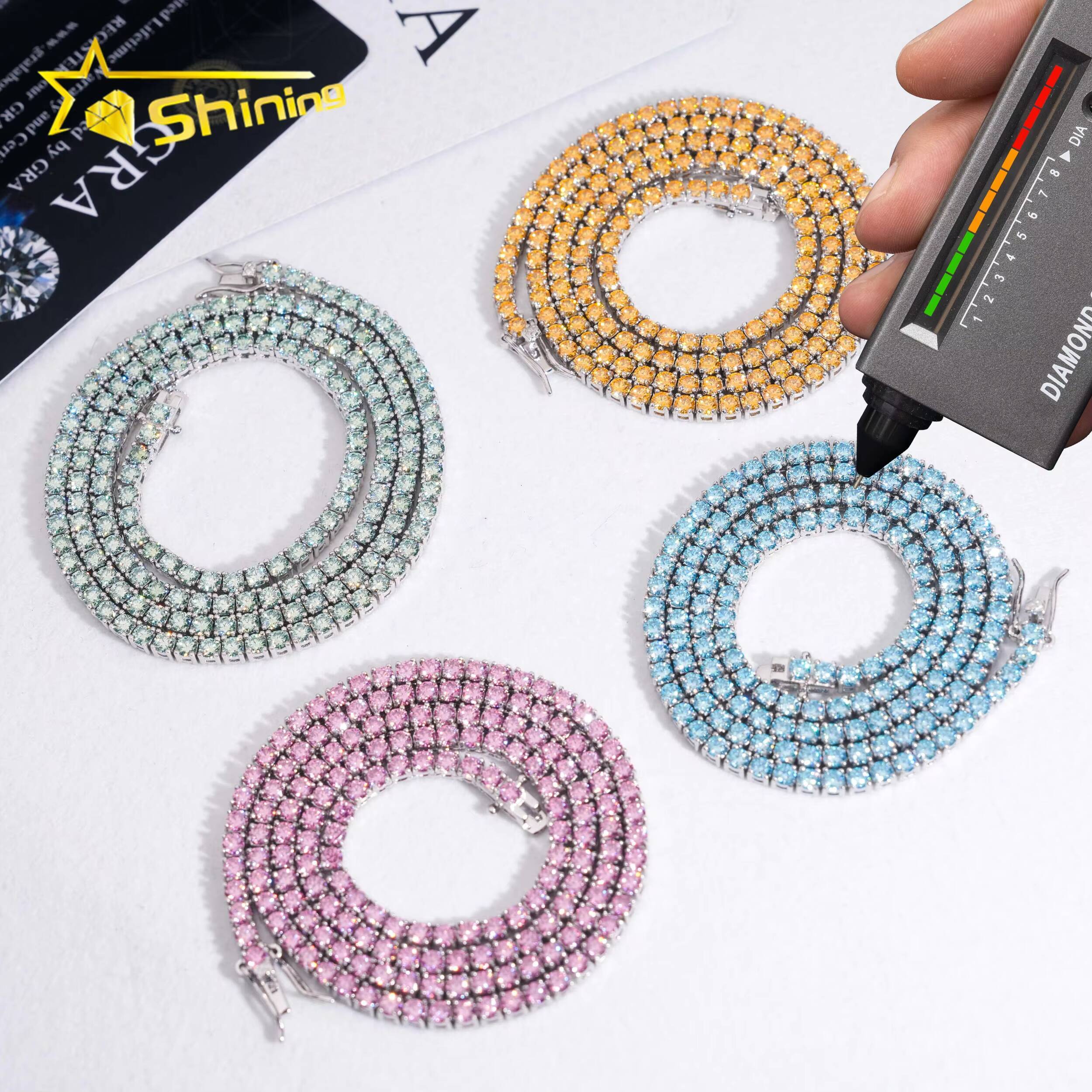 Pass Diamond Tester Hip Hop 3mm 4mm Blue Green Pink Gold 925 Silver Color Moissanite Tennis Chain