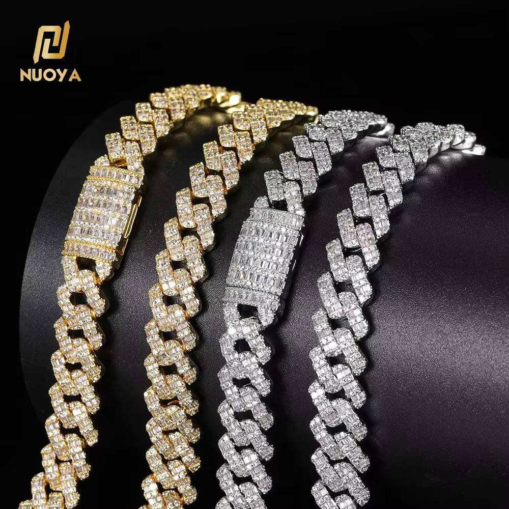 NUOYA Custom 10mm Iced Baguette Straight Line Cuban Link Chain Necklace Hip Hop Jewelry with Zircon Stones for Wedding or Gift