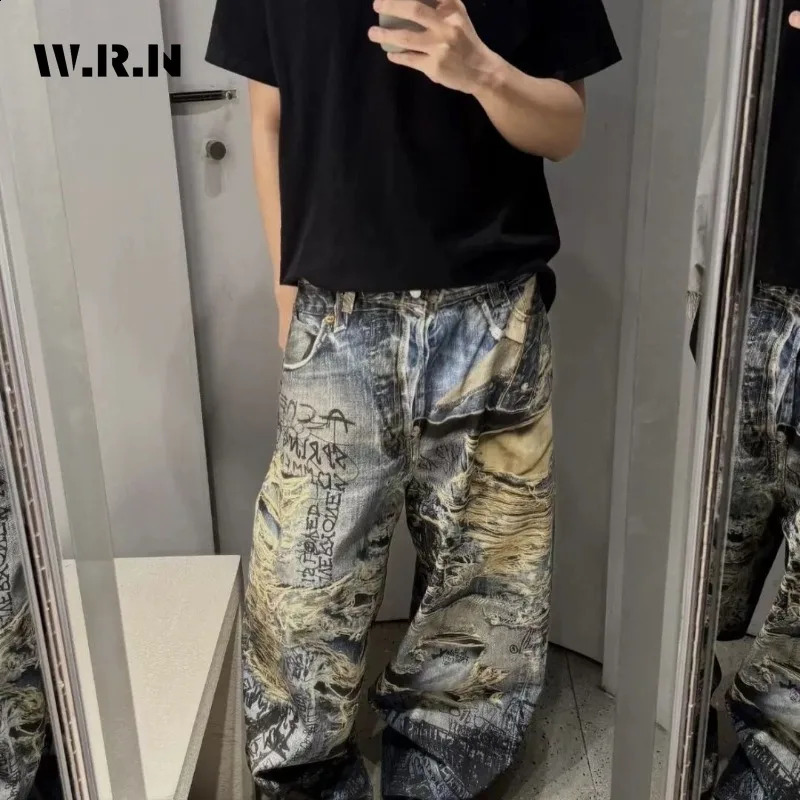 Retro Eclectic Full Length Grunge Street Jean Womens Hiphop Goth Dark Damage Mop Pants Emo Casual Y2K 3D Denim Trouser 250911