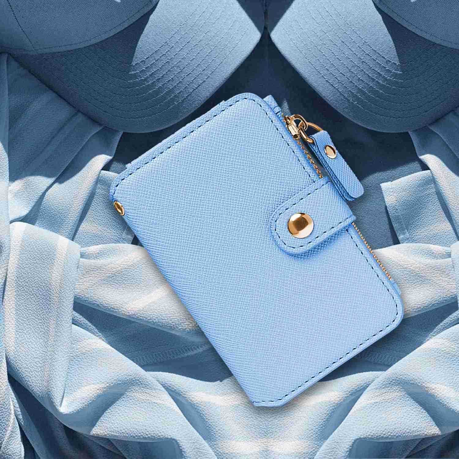 Wallet Womens Wallet Leather Keychain Wallet With Zipper Coin Pocket ID Window Wrist Strap Gift Box Sky BlueW250911
